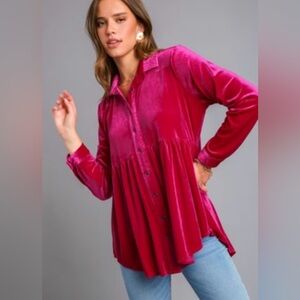 UMGEE Velvet Button Up Tunic Top Pink Raspberry Size Medium New With Tag 💖